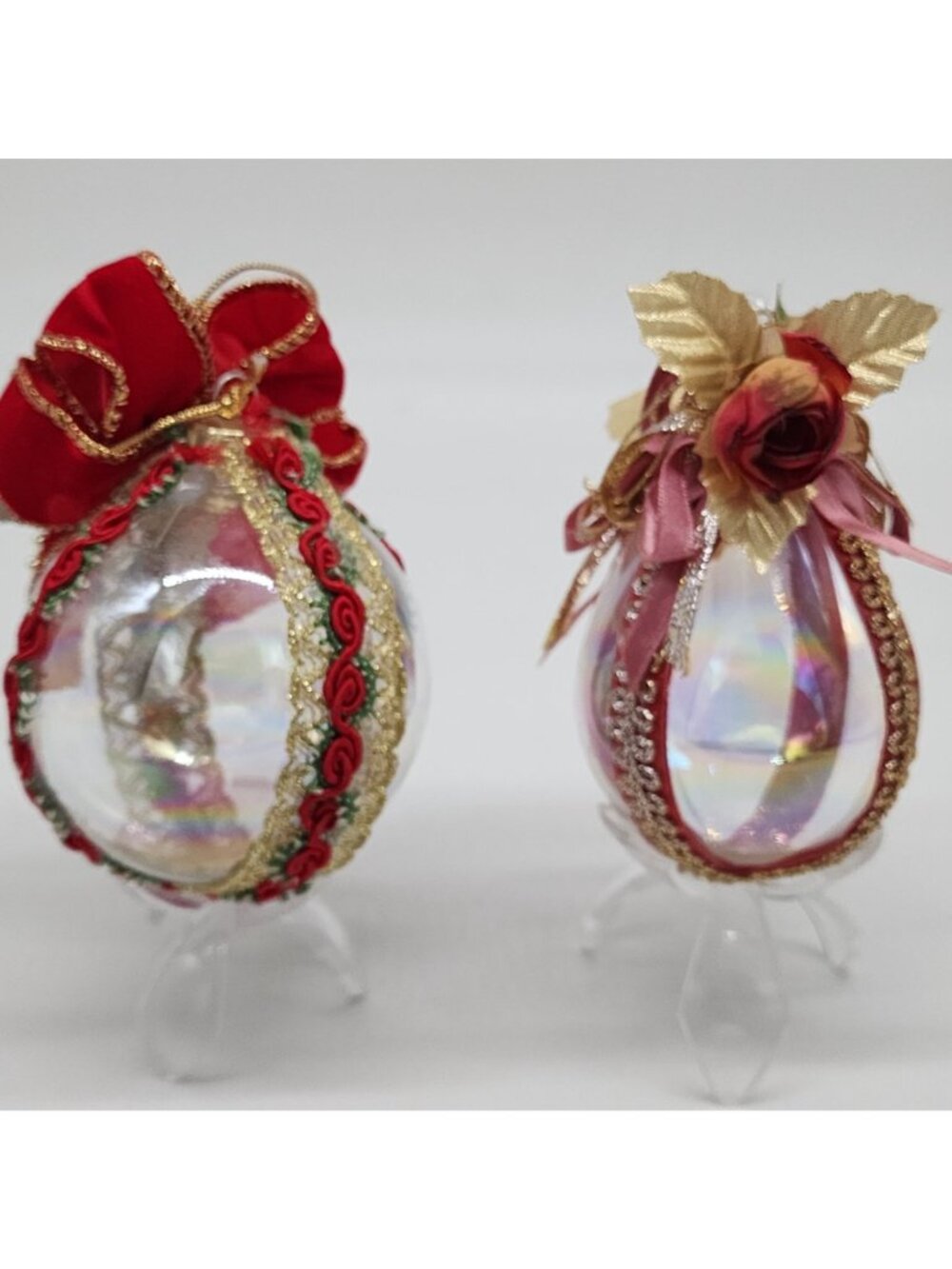 Glass Christmas Ornaments Red & Gold Ribbon Roses Berries Leaves Vintage 3" - Picture 5 of 8